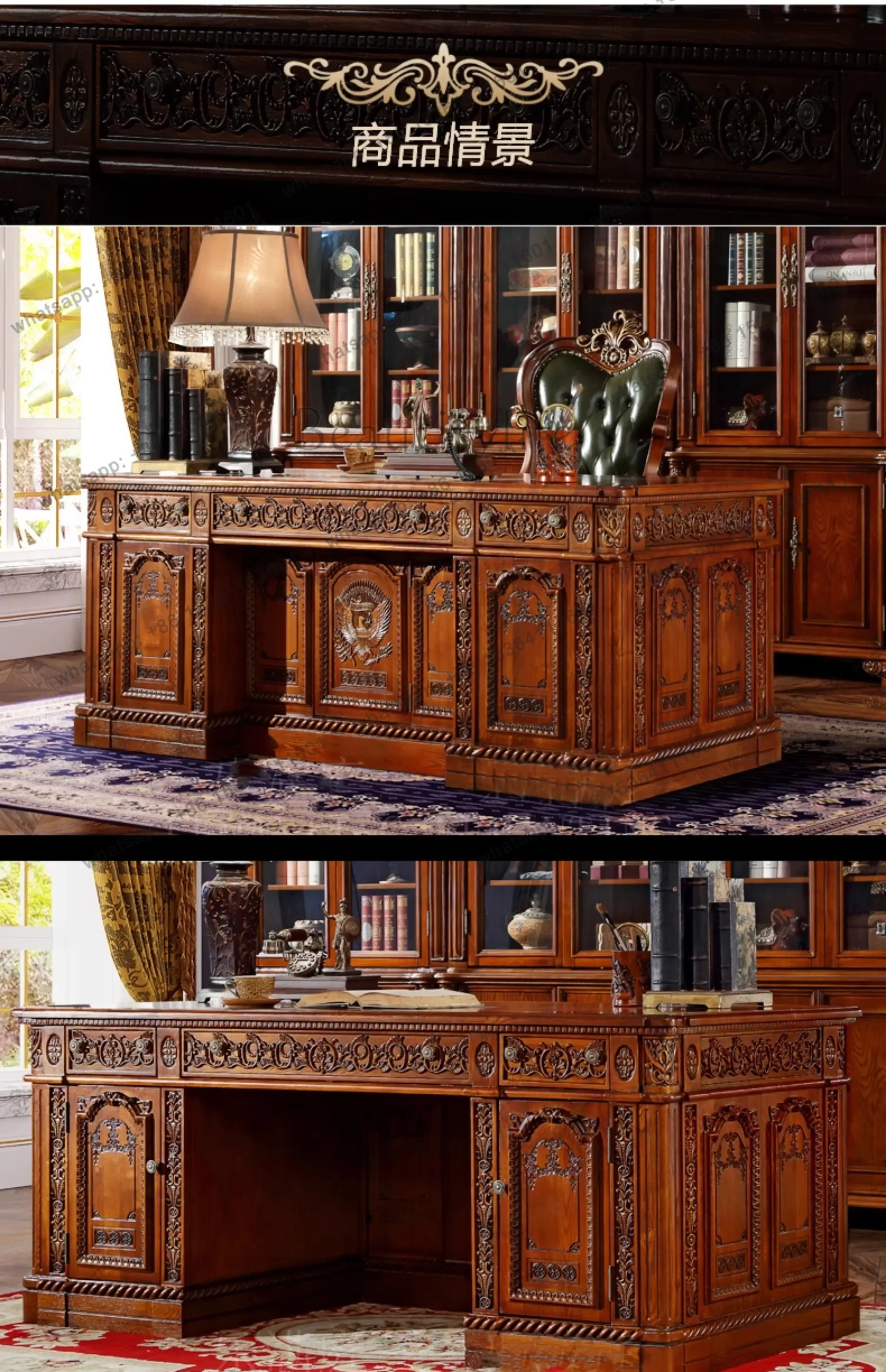 Luxury American Style Solid Wood White Wax Large Desk European President Office Boss Desk