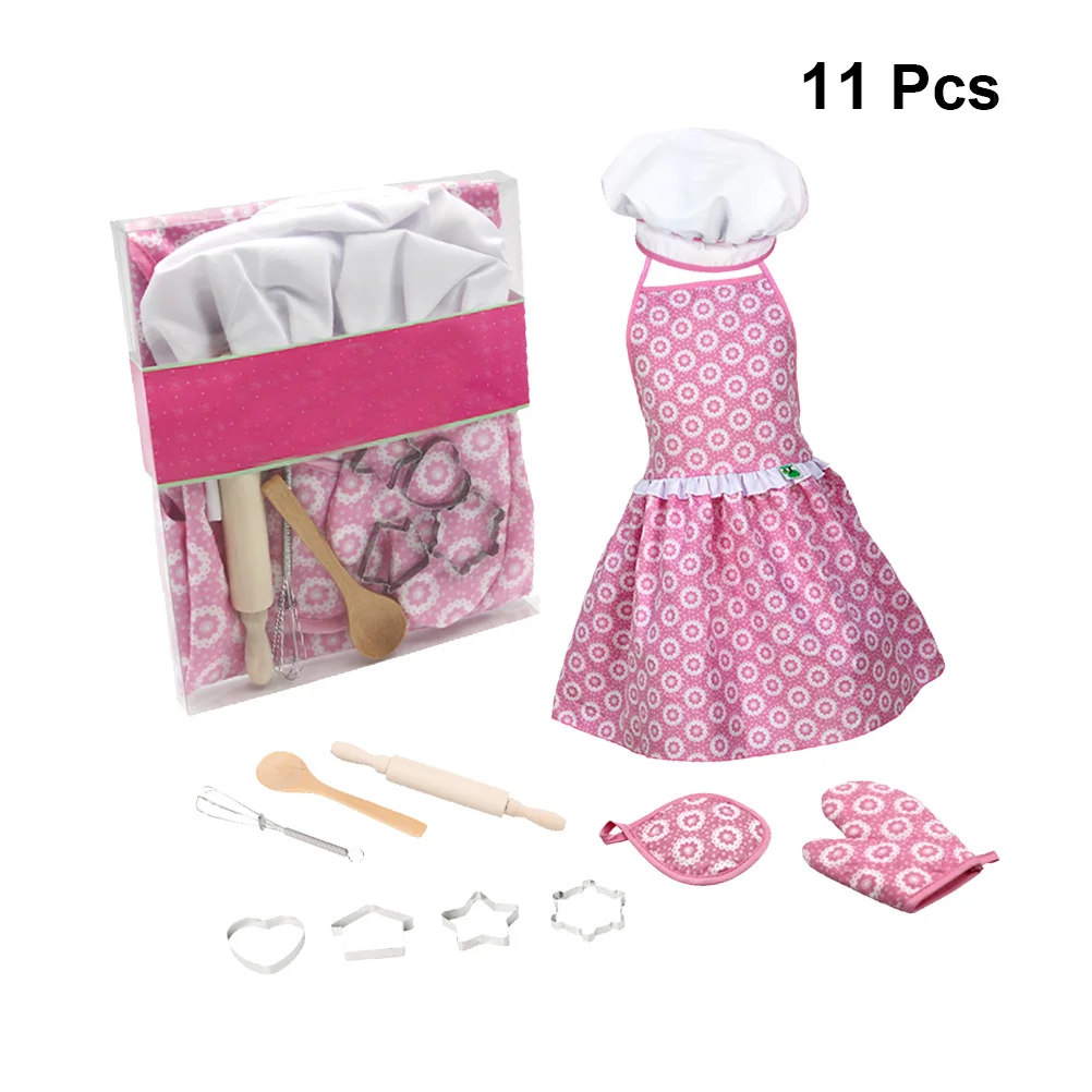11개 구성 어린이 주방 놀이 세트 역할 놀이 세트 요리사 의상 오븐 장갑 밀대 주방 도구 안전하고 내구성 있는 어린이 주방 놀이 세트