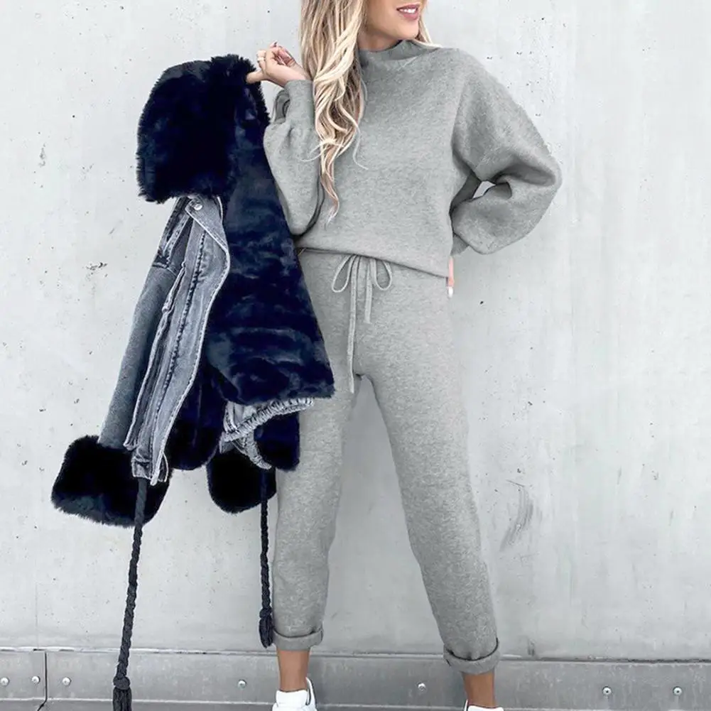 2 Pcs/Set Women Top Pants Set High Collar Long Sleeves Solid Color Sweatshirt Drawstring Elastic Waist Loose Trousers Sport Outf