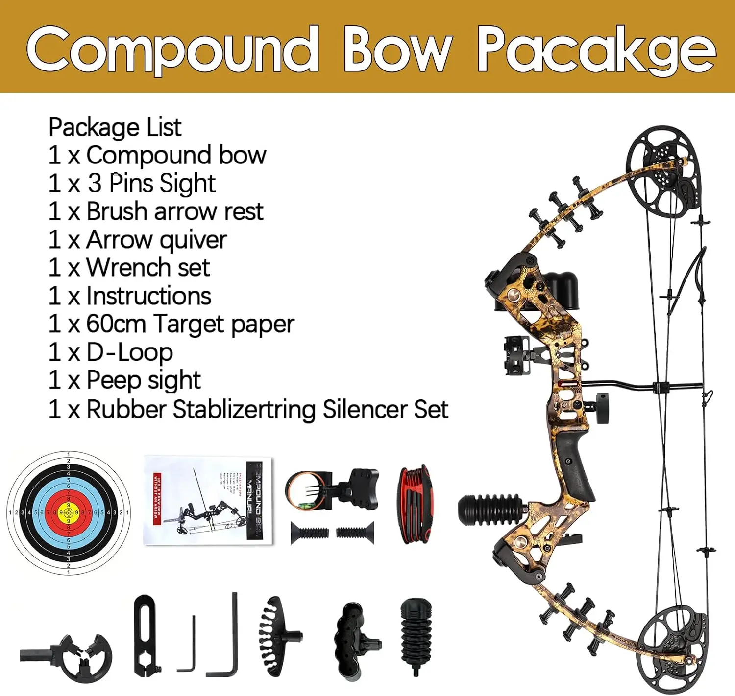 Right-Hand Archery Hunting Equipment Package for Teens and Beginners, Adjustable 15-45 Lbs Draw Weight, Max Speed 260 FPS