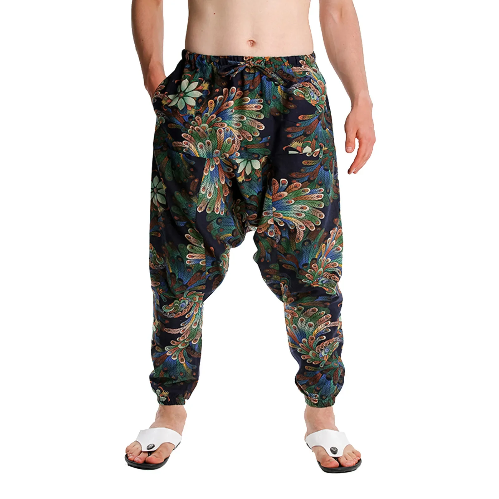 

Men's Stylish Peacock Print Harem Baggy Genie Boho Pants Casual Cotton Yoga Drop Crotch Sweatpants Hip Hop Traditional Trousers