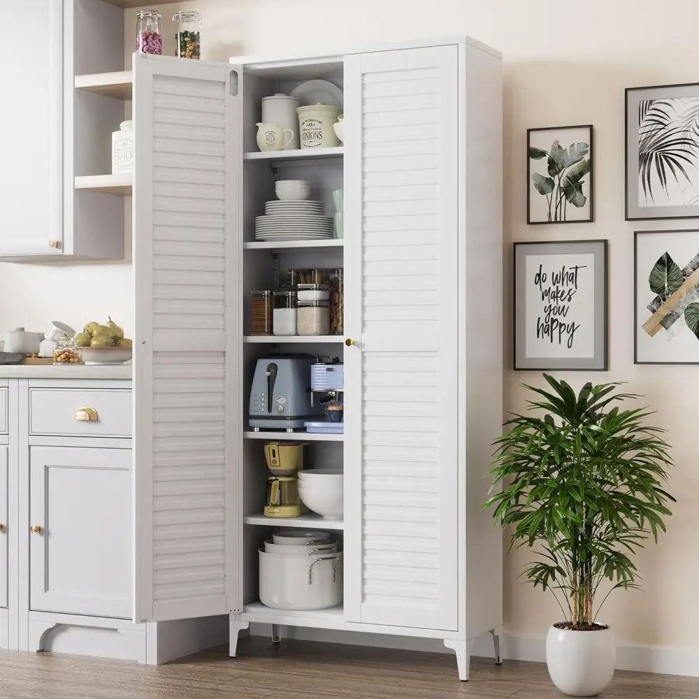 

White Metal Kitchen Pantry Cabinet with 2 Doors and 5 Adjustable Shelves, 74.2 H × 31.5 W × 15.75 D, Assembly Required