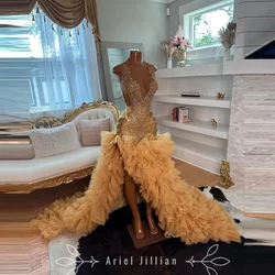 Glitter Luxury Gold Appliques Black Girls Mermaid Gala Party Gowns Champagne Ruffles Bottom Prom Dresses African Evening Dress