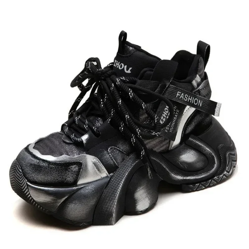 

5CM Comfy Ladies Spring Summer Mixed Color Autumn Fashion Pigskin Leather Genuine Platform Wedge Chunky Sneaker Vulcanize