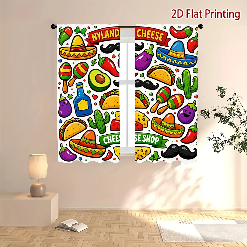 Mexican Fiesta Curtain, Taco and Sombrero Pattern, Colorful Kitchen Window Drapes for Restaurant Party Decor