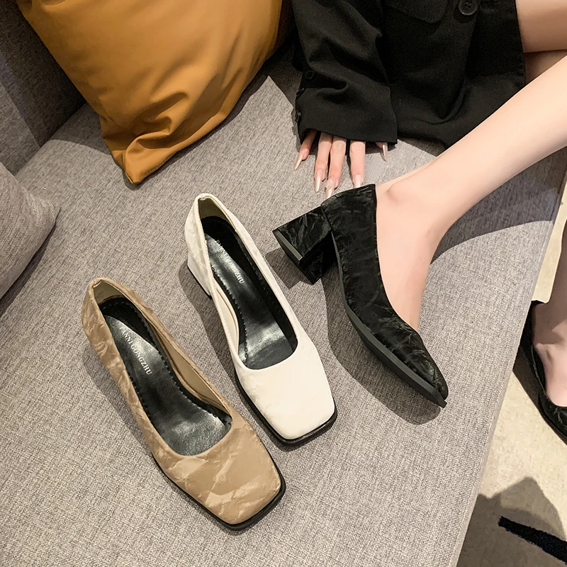 موضة ساحة تو مضخة النساء حذا فردي للسيدات أنيقة مكتب النساء كعب سميك الربيع حفلة الكرة أحذية ماري جين أحذية عالية الكعب #5