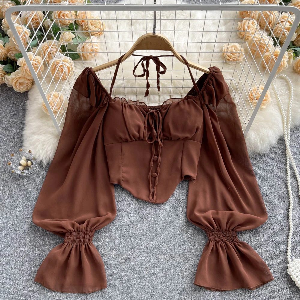 

White Lace irt with Ne Hanging Design Korean Sle Commute Pure Color ort Sve Long Sve Loose Fit Women's Top