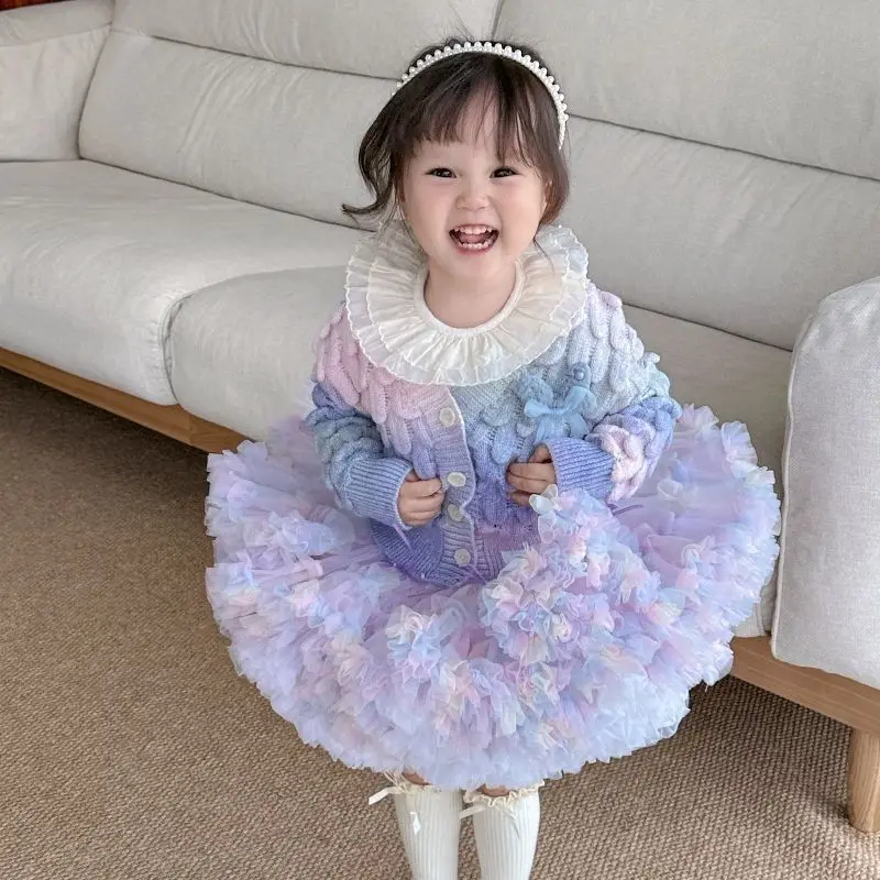 Autumn Winter Elegance Princess Clothing Purple Cardigan Sweater+Puffy Short Tutu skirt 2Pcs Girls Sets Childrents Kid Party Clo