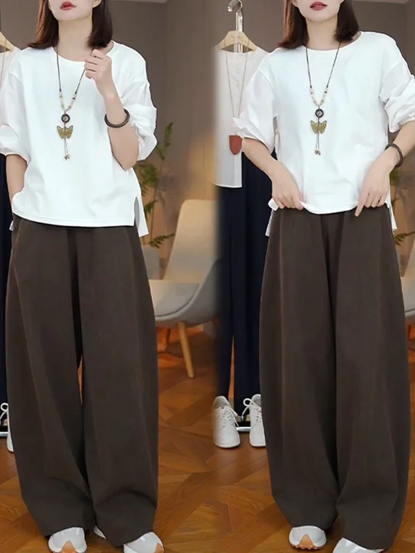 Retro Style Women's Long Sleeve T-Shirt And Wide Leg Pants Two Piece Set Asymmetrical Slit Casual Wear Comfortable Fit