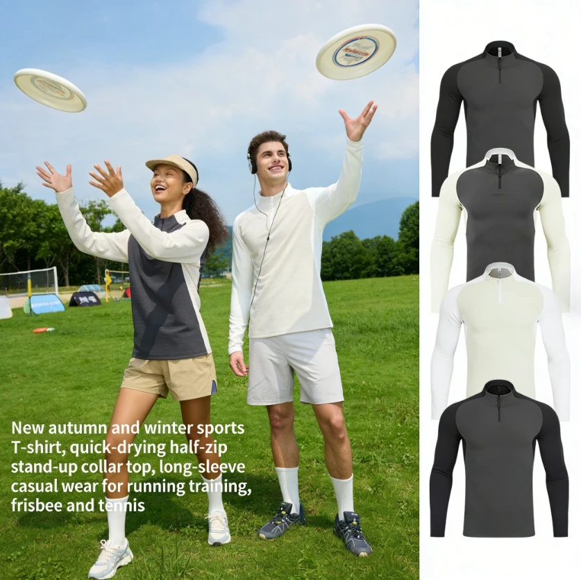

Мужская спортивная футболка с длинным рукавом, быстросохнущая, с воротником-стойкой на молнии, для бега, тренировок, фитнеса, тенниса, повседневная одежда