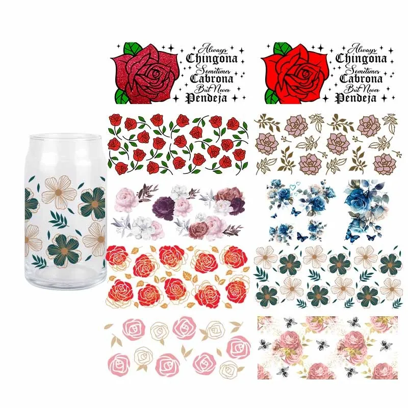 

Retro Flowers Transfer Sticker Wraps Cup Glass Cup Fashion Flower UV DTF Transfer Sticker DTF 16 OZ Decals