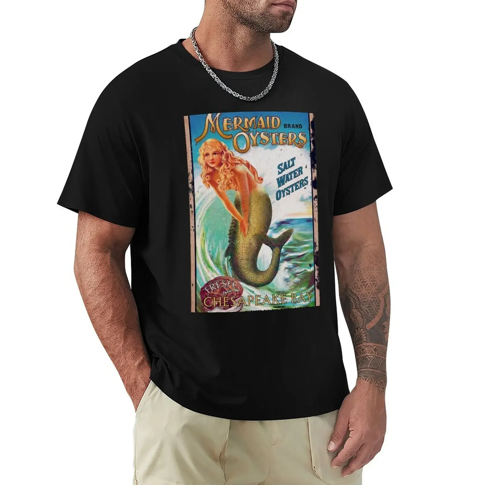 

Mermaid vintage seafood oyster food advertisement T-Shirt customizeds Aesthetic clothing funny t shirts for men