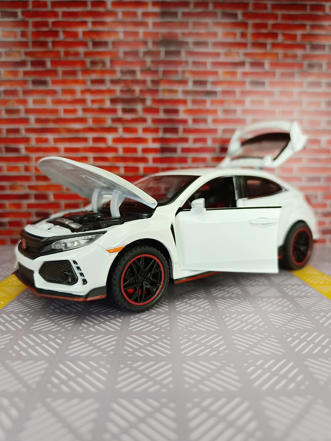 1:32 portas modelo de carro em liga Honda Civic Type-R e capô do motor, porta-malas pode ser aberto, detalhes ricos, acabamento fino