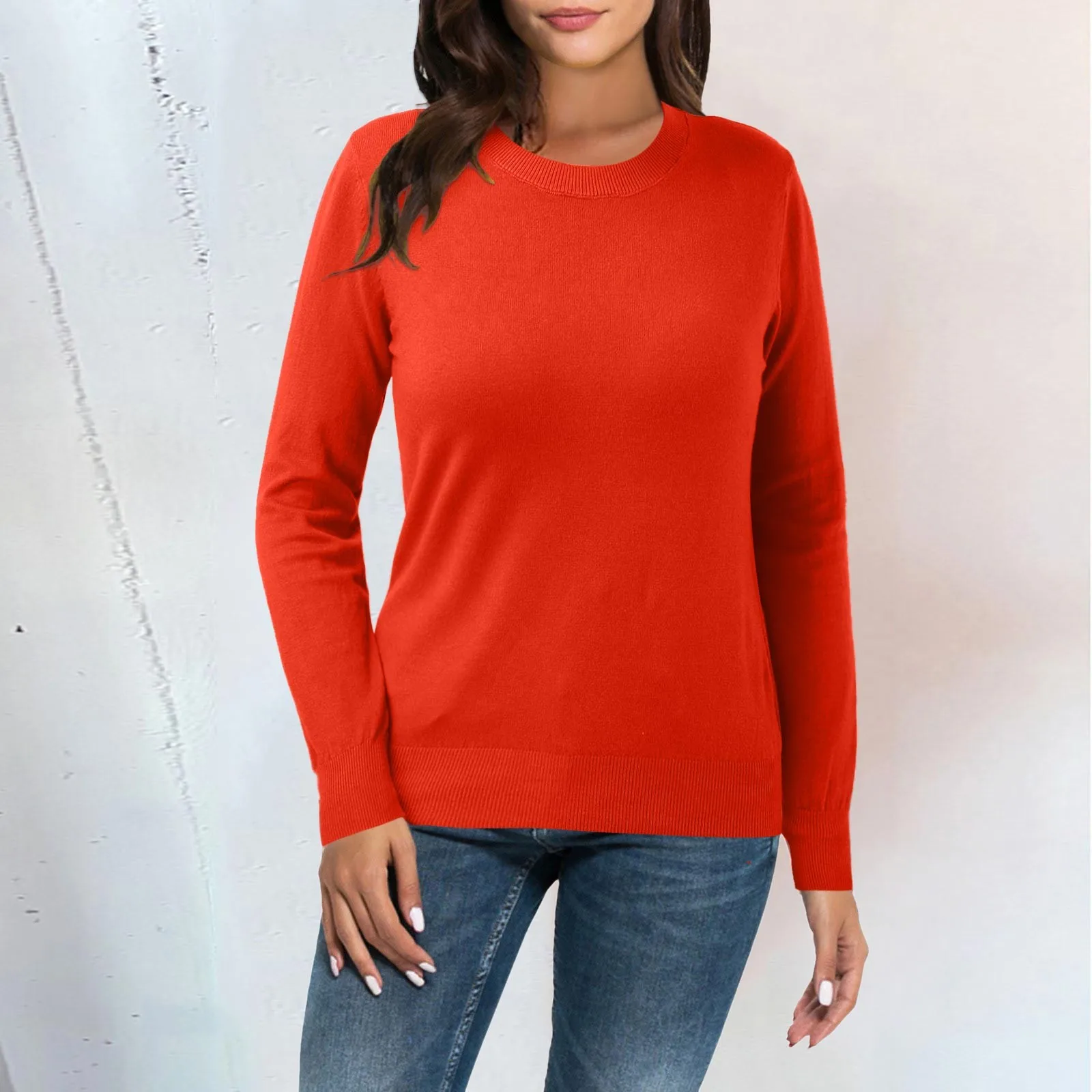 Jersey informal de Color sólido con cuello redondo para mujer, Jersey holgado de manga larga de punto, Top térmico, suéter versátil Simple