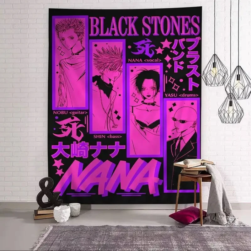 

VIKAMA NANA Osaki Tapestry Black Stones Band Members Pink Aesthetic Wall Hanging Background Cloth for Home