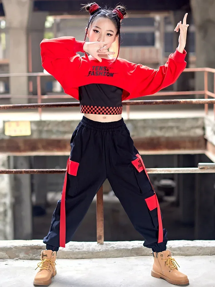 Teen Kids Fashion Streetwear Stage Outfit Girls Kpop Hip Hop Clothes Jazz Dance Costume Red Crop top pantaloni Cargo