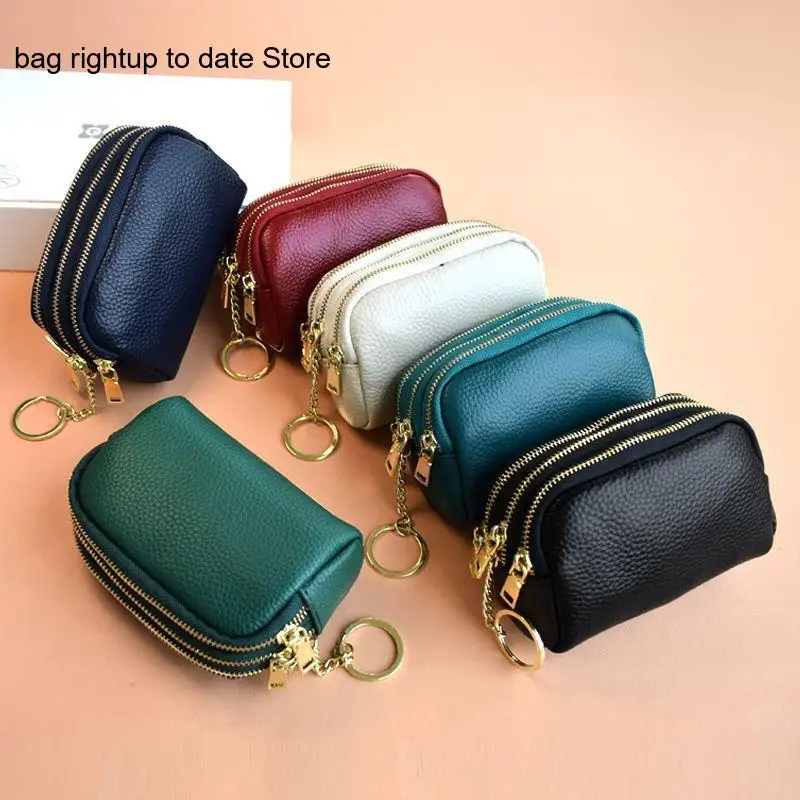 Leather Casual Pure Color Commuting Three-Layer Zipper Wallet Japanese Style Hand-Held Key Coin Purse for Women