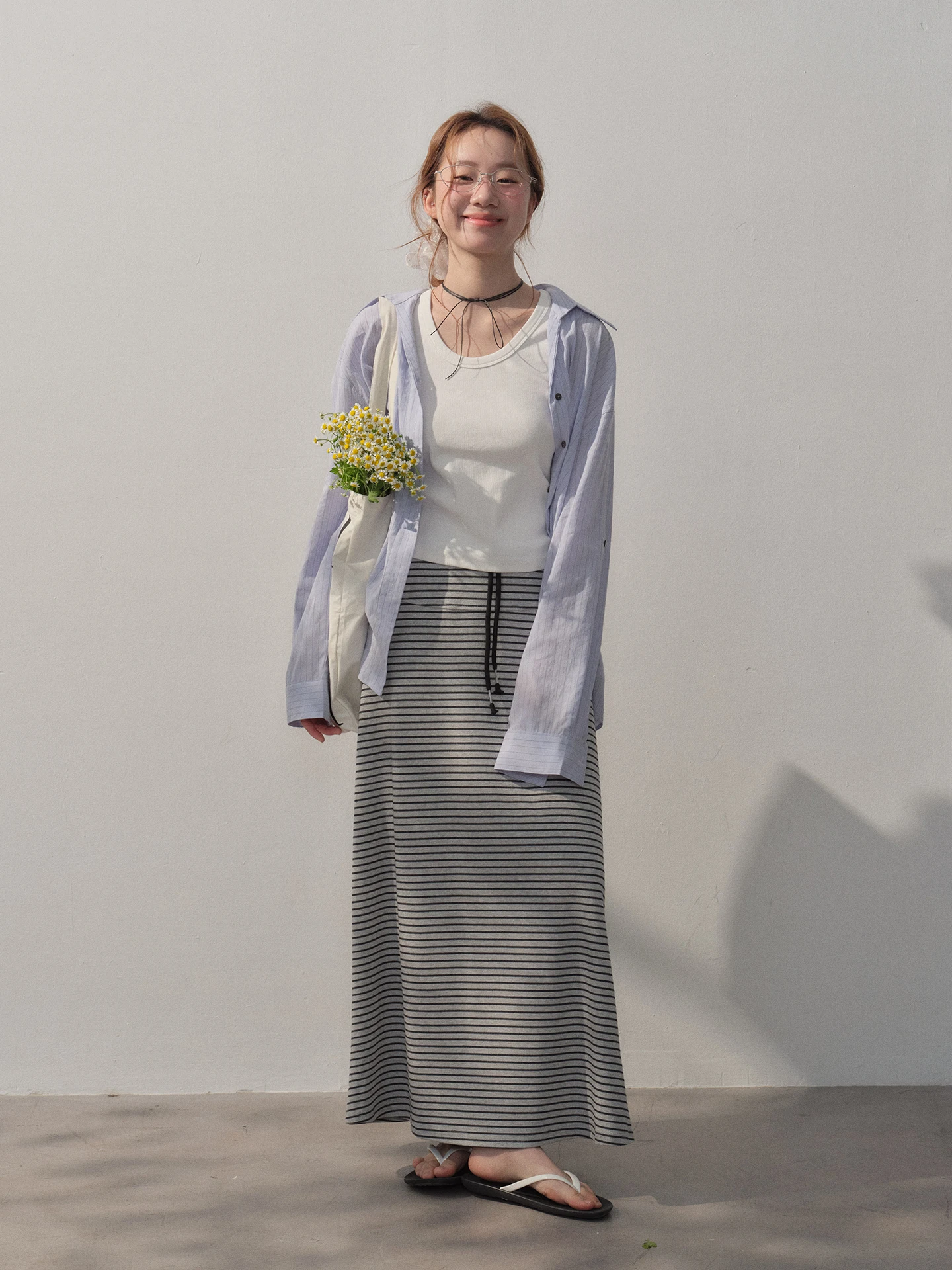 

Юбка Soloki в корейском стиле, повседневная, свободная, удобная, мягкая, серая в полоску, длинная, с высокой талией, из хлопкового трикотажа, А-силуэт