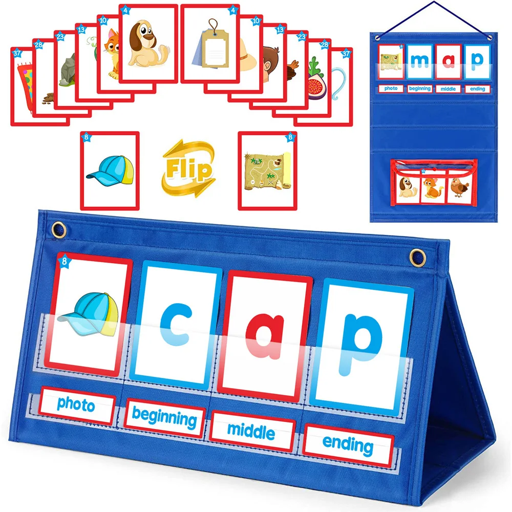 Tas gantung kata-kata CVC 15 ", mainan huruf mengeja, alat bantu mengajar prasekolah papan Flet dapat dilipat, GRAFIK saku, tas gantung kelas