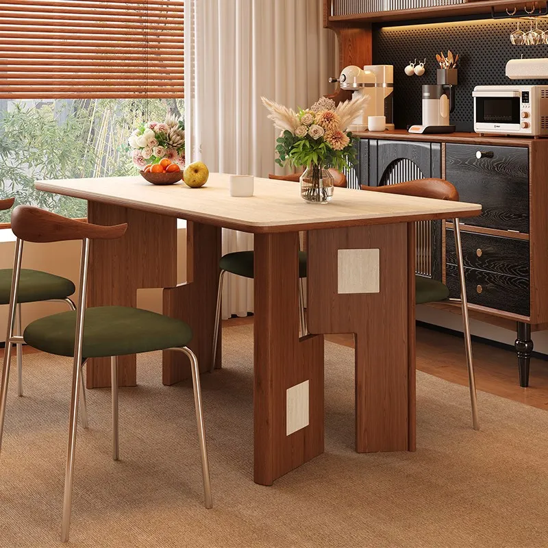 French Retro Dining Table Set, Rectangular Sintered Travertine Stone Top, Solid Wood Structure for Small Home Dining Room