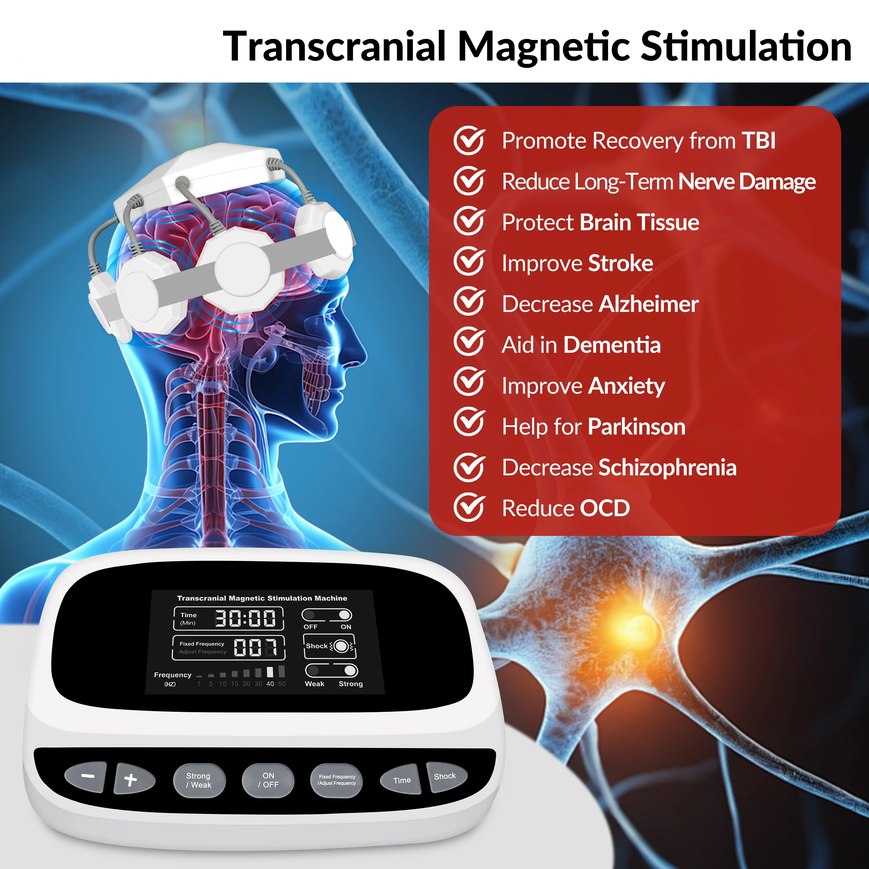 Dispositivo de Terapia Magnética Cerebral RTMS Avanzado 2026 para el Tratamiento de la Enfermedad de Alzheimer, Rehabilitación de Accidentes Cerebrovasculares, Parkinson, Demencia y Autismo