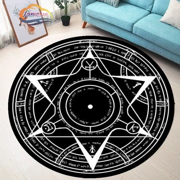 Pentagram sol modelado tapete redondo, tapete de armadilha do diabo de Satanás, branco no preto, runa sobrenatural