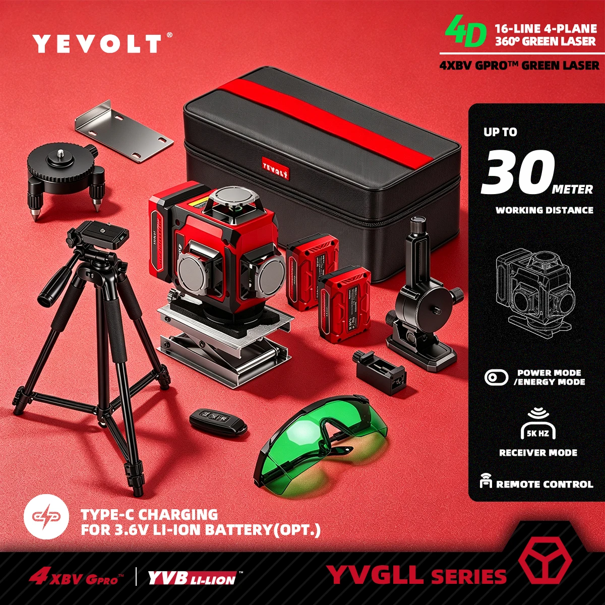 YEVOLT 4D 16-Linien Grüner Laser-Nivellierer 360° Horizontale und Vertikale Linien für Heimwerker Deckenverkleidung Wandfliesen Schrankmontage