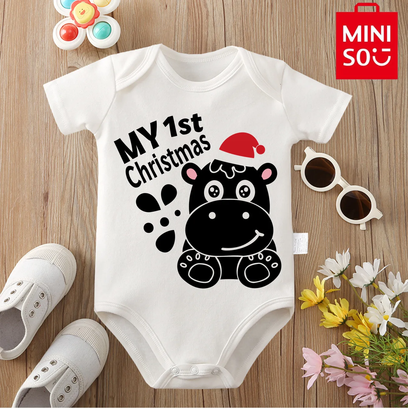 

MINISO Pure Cotton Cloths Baby's First Christmas HOHOHO Cute Onesie Jumpsuit Bodysuit for 0-12 Months Newborn Best Gift for Baby