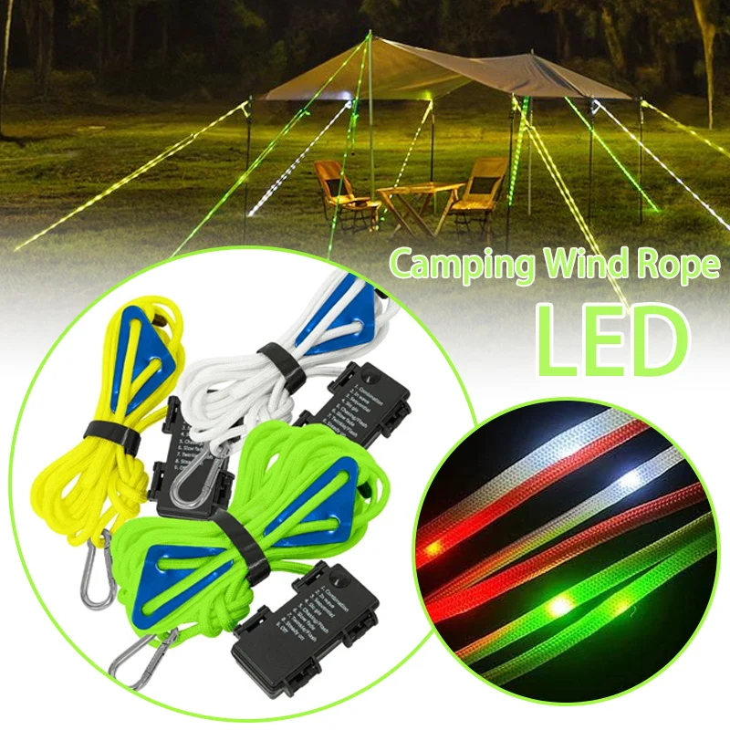 LED Glowing Camping Wind Rope Night Warning Anti-trip Tent Luminous Cord Waterproof Outdoor Canopy Awning Guyline with Tent Peg