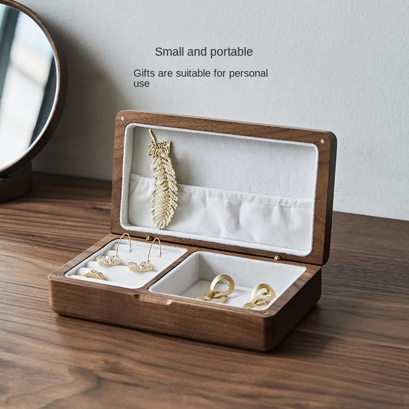 

Portable Flannelette Jewelry Storage Box High-end Luxurious Black Walnut Vintage Necklace Earrings Portable Travel Pure Wood