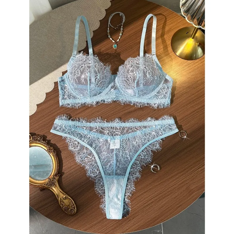Ladies' Basic Style Thin Lace Bra and Panty Set Seamless Single Layer Eyelet Underwear Comfortable Intimate Apparel