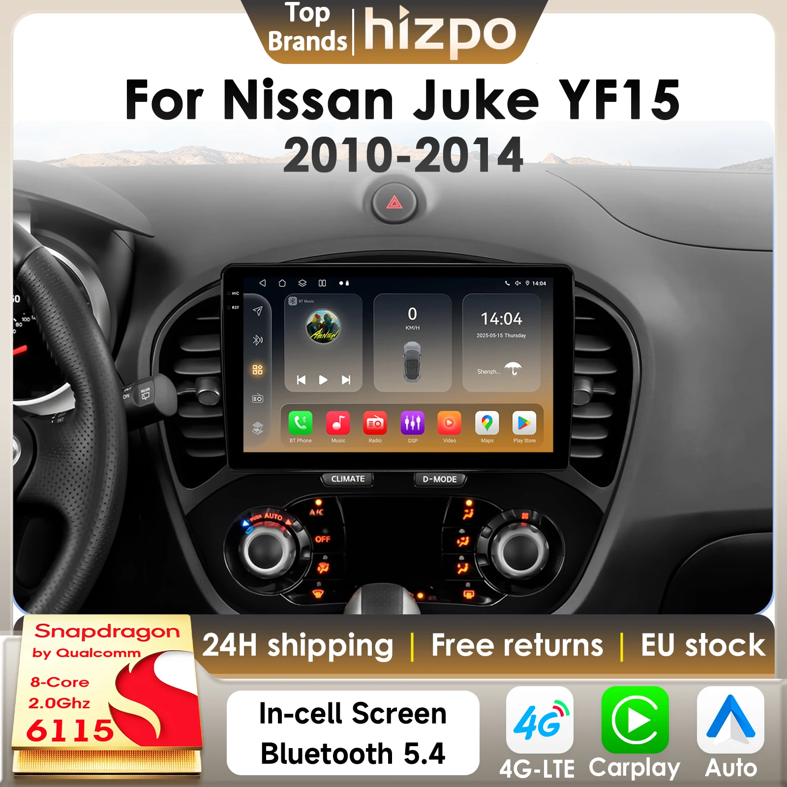 Hizpo 8Core 2Din Android 14 Autoradio für Nissan Juke YF15 2010–2014 Auto Multimedia GPS 4G Carplay von Qualcomm Snapdragon 6115