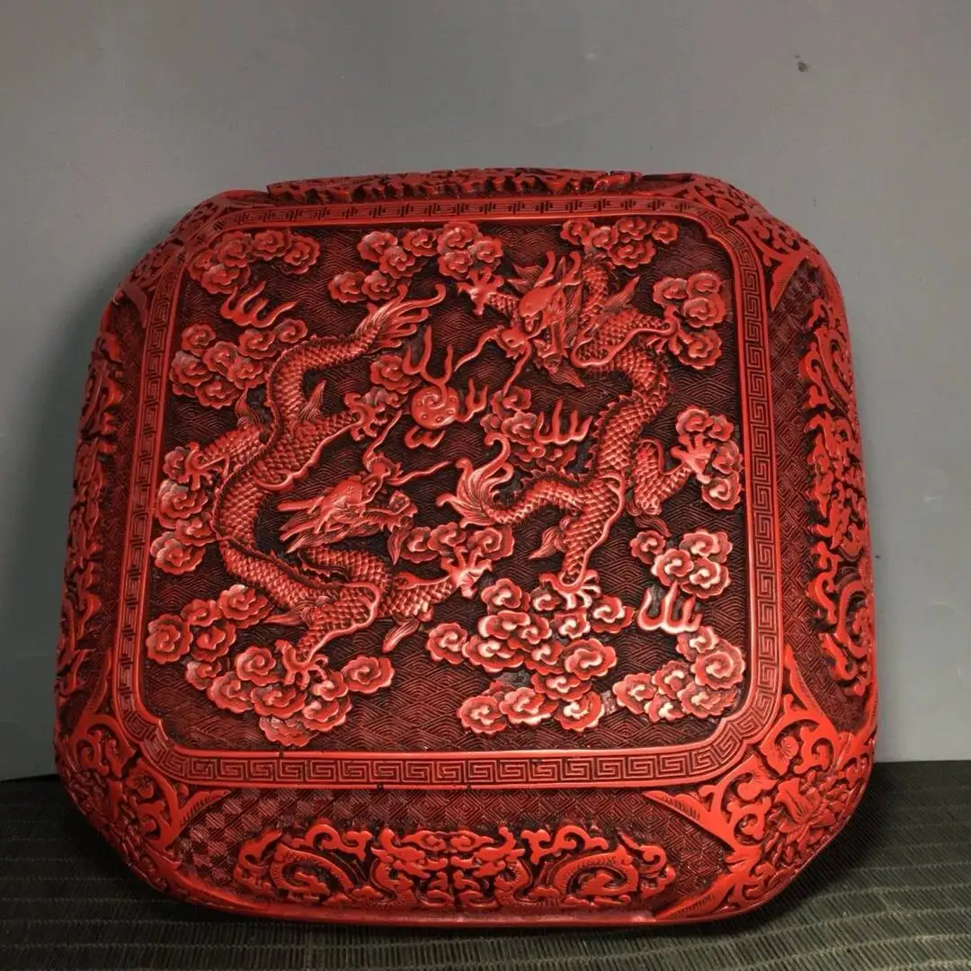 Collect Red Lacquerware Hand-Carved Double Dragon Pattern Square Jewelry Box