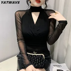 New Arrivals Autumn Korean Clothes Mesh T-Shirt Chic Sexy Hollow Out Pleated Women's Tops Slim Long Sleeve High-End Brand Tees