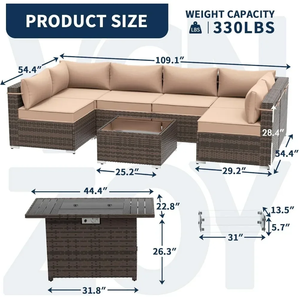 Набор мебели для патио из 8 предметов со столом для костра 43 дюйма, набор уличных диванов, набор сверхпрочной плетеной мебели с 2 водонепроницаемыми чехлами