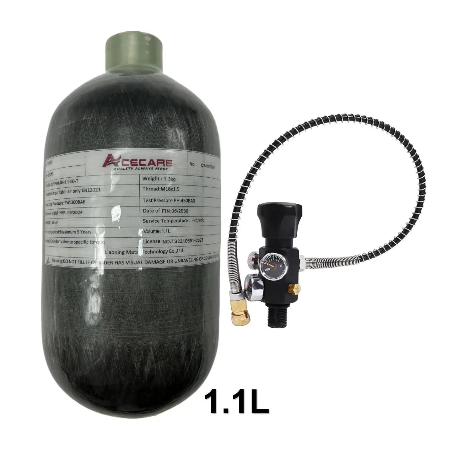 Acecare 300Bar 4500Psi 1.1L أسطوانة من ألياف الكربون مع صمام تنظيم زجاجة الهواء المضغوط خزان HPA للغوص M18 * 1.5