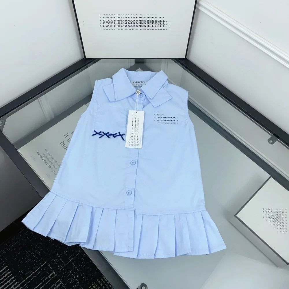 

Летнее платье-жилет 2026: Новинка, стильное плиссированное детское платье-рубашка без рукавов в корейском стиле, синее, 90-140 см