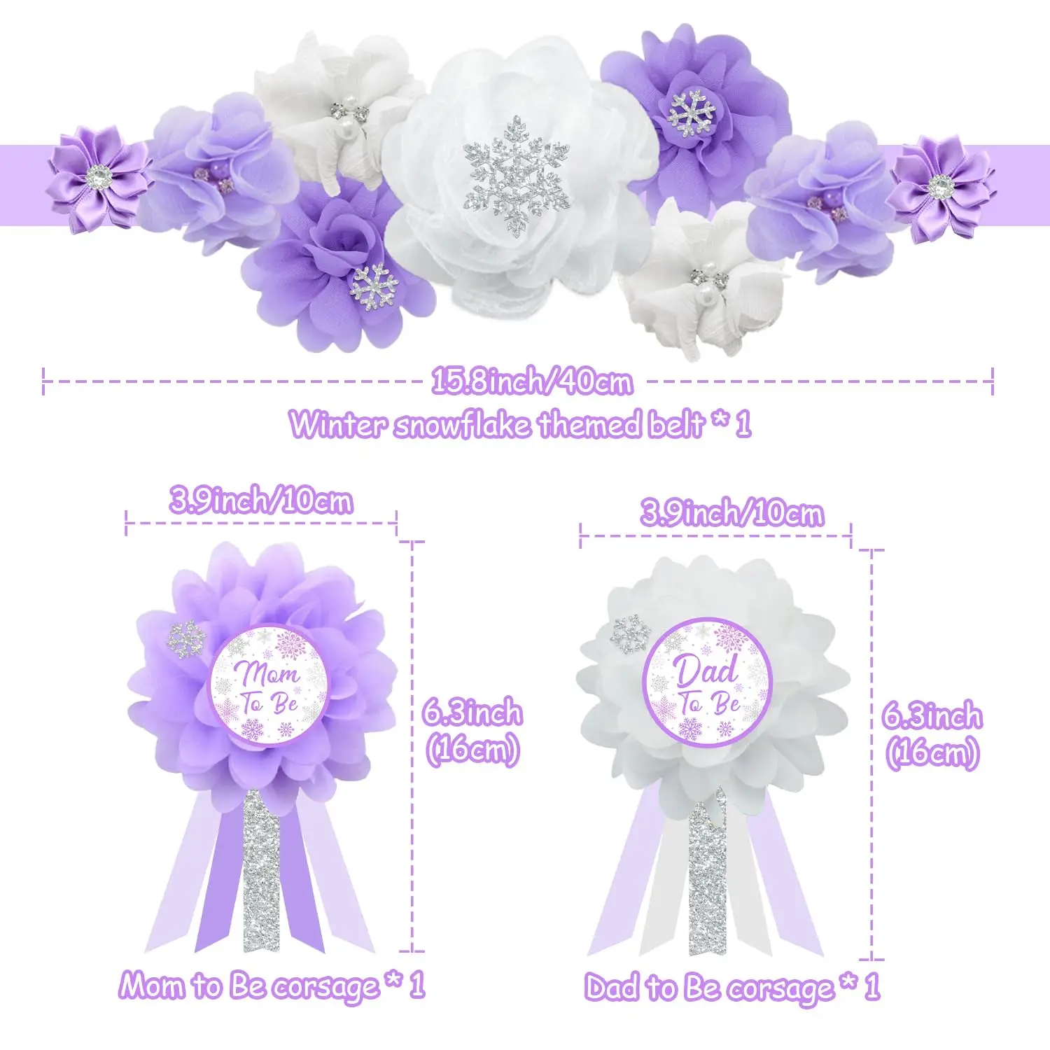 Kreat4joy Winter Snowflake Baby Shower Maternity Sash and Corsage Pin Set Purple White Flowers New Pregnancy Photography Props