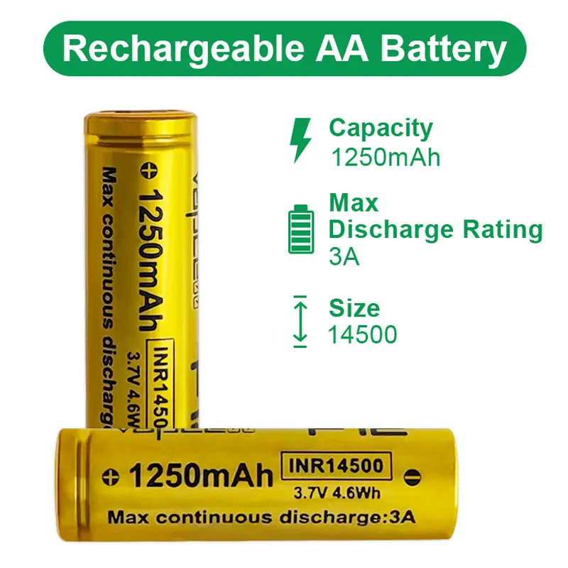 Origina Vapcell F12 14500 Rechargeable Lithium Battery INR 14500 1250mAh 3A 3.7V Capacity Batteries For Flashlight Toys