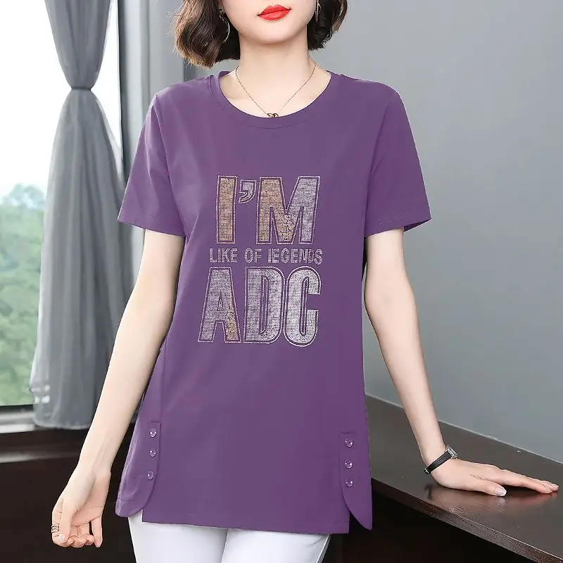Summer New Vintage Loose Tops Split Hem Short Sleeve Print Letter Solid Button Casual T Shirts Fashion Office Women Clothing