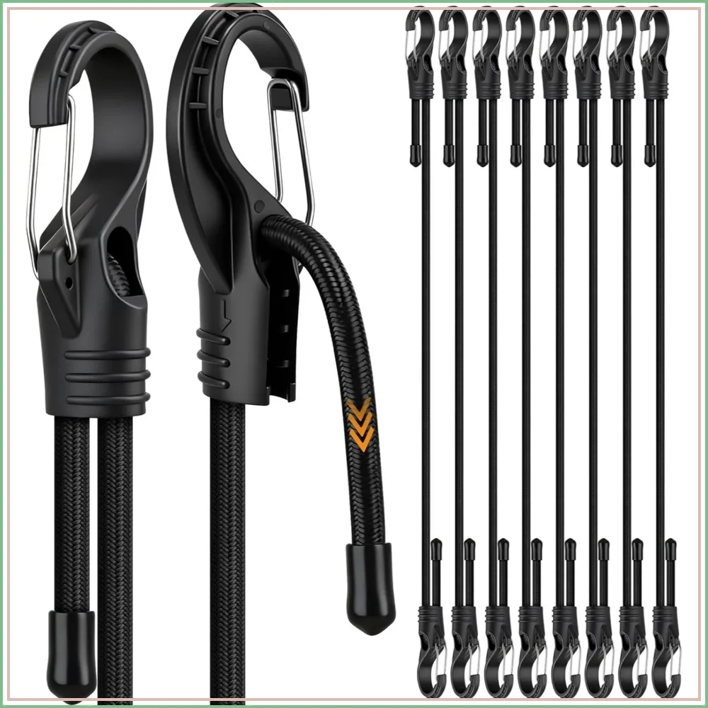 

8-Piece 48-inch Adjustable Bungee Cords with Hooks, Heavy Duty Outdoor Carabiner Straps, Easily Adjust from 7" to 48", Black Super Elastic Cord for Cargo, Camping, Bike Racks