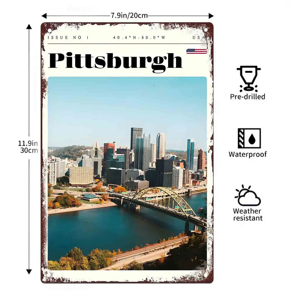 2D FLAT 1pc Pittsburgh Skyline Metal Wall Sign Decoration for Home Cafe Garage Bedroom Porch And Garden