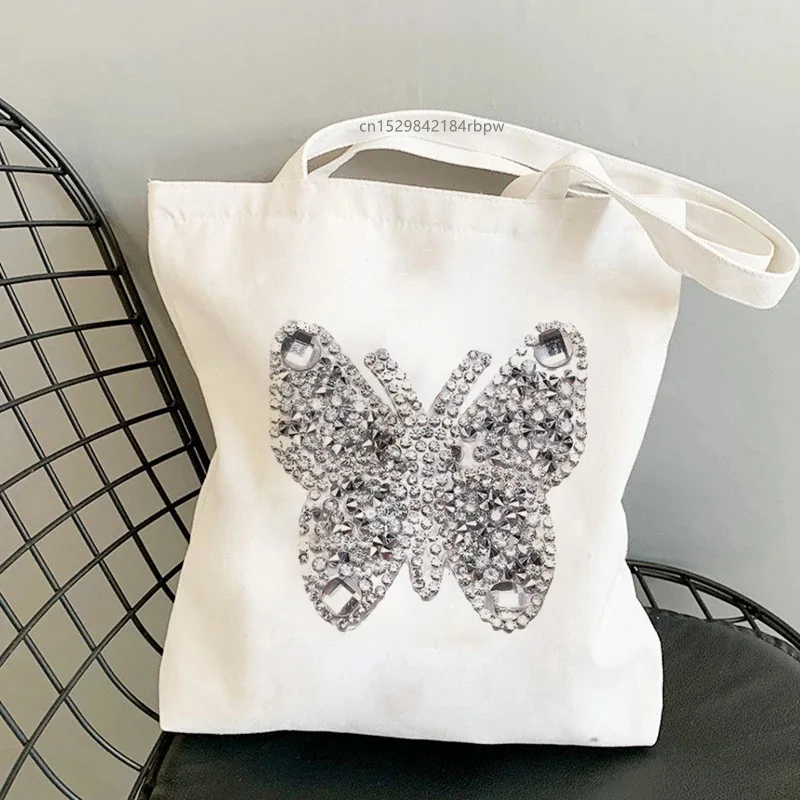 Rhinestone Butterfly Canvas Tote Bag - Sparkling Sequin Silver Black Luxury Fashion Decorative Party Shoulder Shopping Bag Women