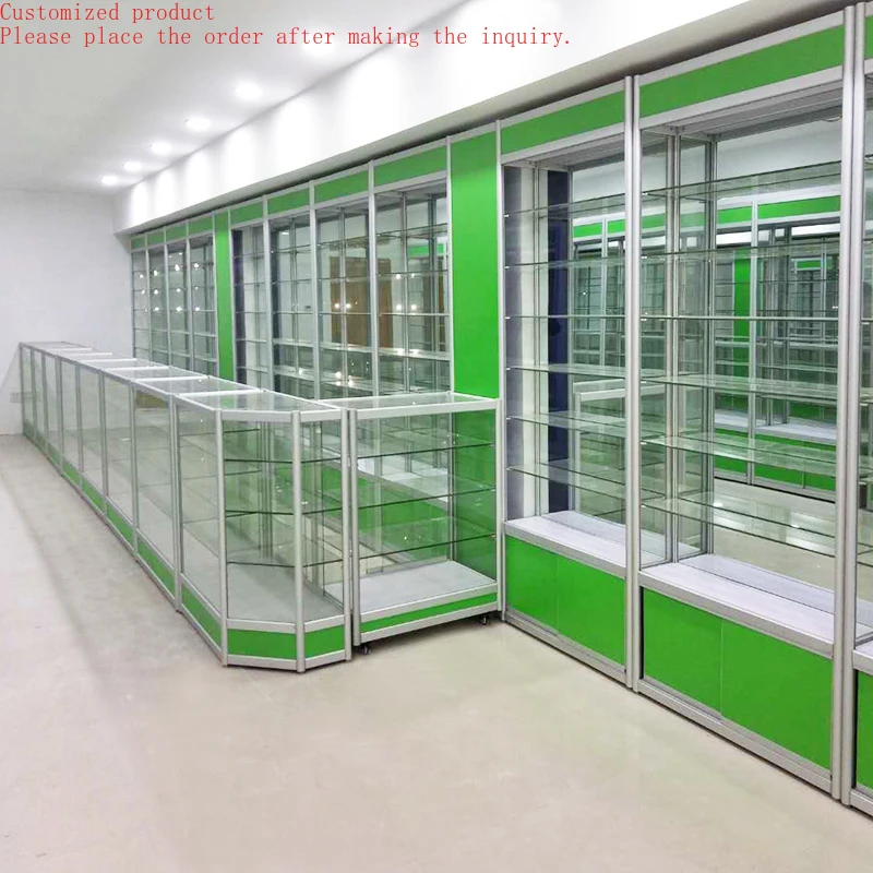 

Custom.Metal Frame Green Wood Pharmacy Glass Display Counter with Storage Compartment with Lockable Door