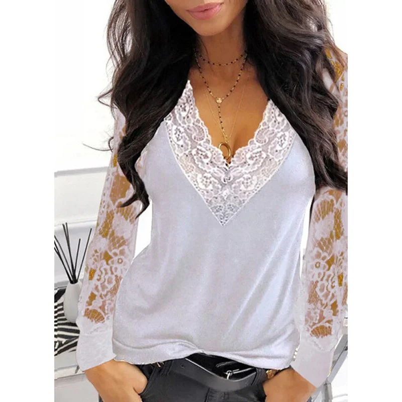 Ladies Sexy Fashion Lace Stitching Hollow Shirt 2022 Spring/Summer White Black V-Neck T-Shirt