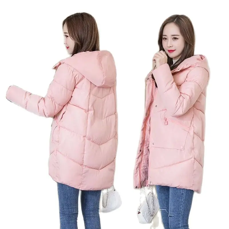 

New Hooded Down Cotton-Padded Zipper Jacket For Women Autumn Winter Long Outcoat Loose Versatile Casual Warm Pocket Outerwear