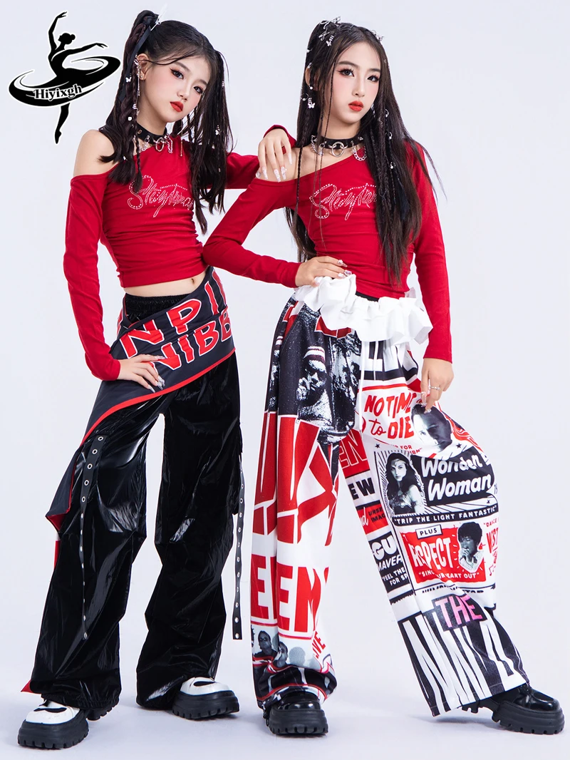 

Новый костюм для девочек в стиле хип-хоп: крутой наряд для K-pop и джазовых танцев, сценический костюм для групповых выступлений, модный сценический наряд для показов, топ с длинными рукавами и свободные брюки
