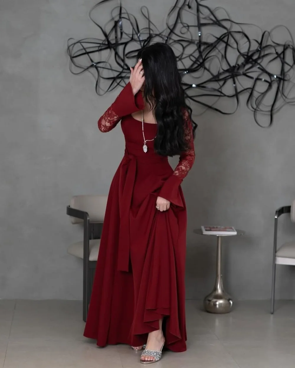 

Customized Red Matching Chinese Style Jersey Pleat Lace Ruched A-line Square Neck Long Dresses Evening Dresses Exquisite Retro
