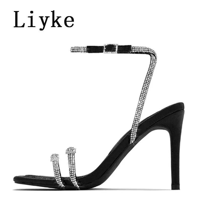 Liyke Sexy Silver Crystal Ankle Strap Sandals For Women 2024 Summer Square Open Toe Rhinestone Heels Party Prom Shoes Size 35-42