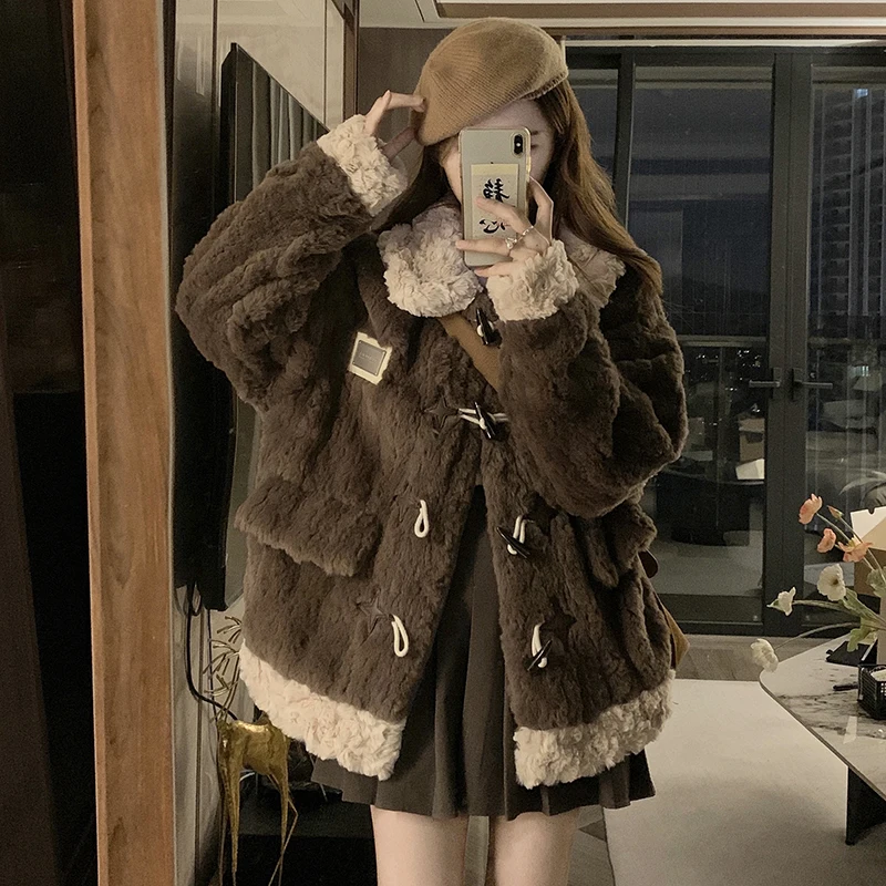 Cowhide Button Cotton Jacket For Women In Winter Furry And Warm Thickened Cotton Knitted Ladies Coat